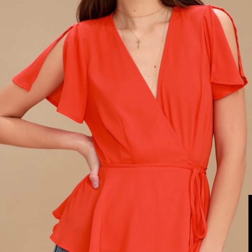 THINK CHIC CORAL RED PEPLUM WRAP TOP